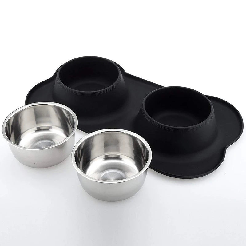 Stainless Steel Double Pet Bowl - Non-Skid Silicone Mat