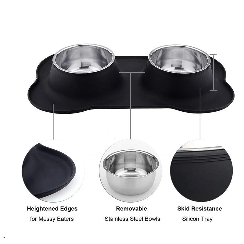 Stainless Steel Double Pet Bowl - Non-Skid Silicone Mat